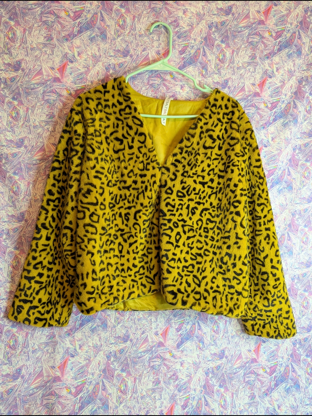 Yellow Leopard Print Cropped Faux Fur Jacket Size Women's Large